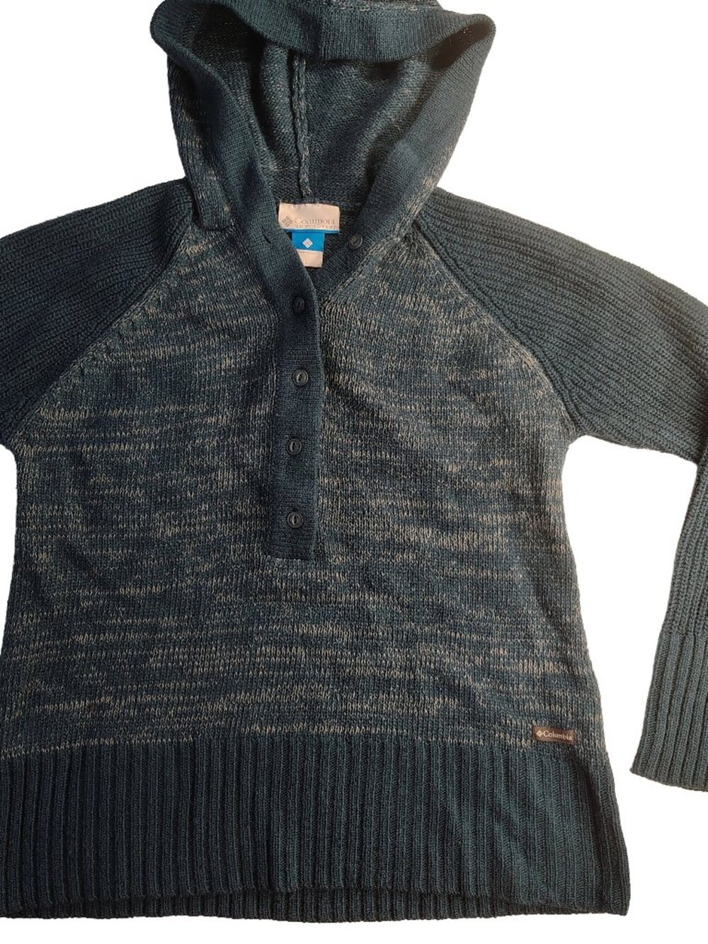 Women's Large Teal & Gray Columbia Sportswear Co. Woven Wool Hooded Sweater